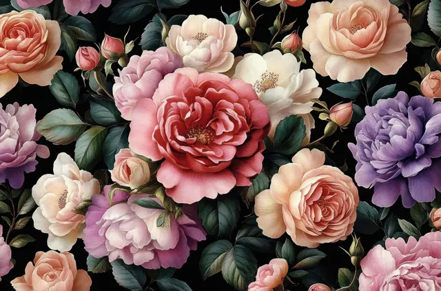 Soft pastel roses and peonies with detailed green leaves form a vintage floral pattern on a dark background.