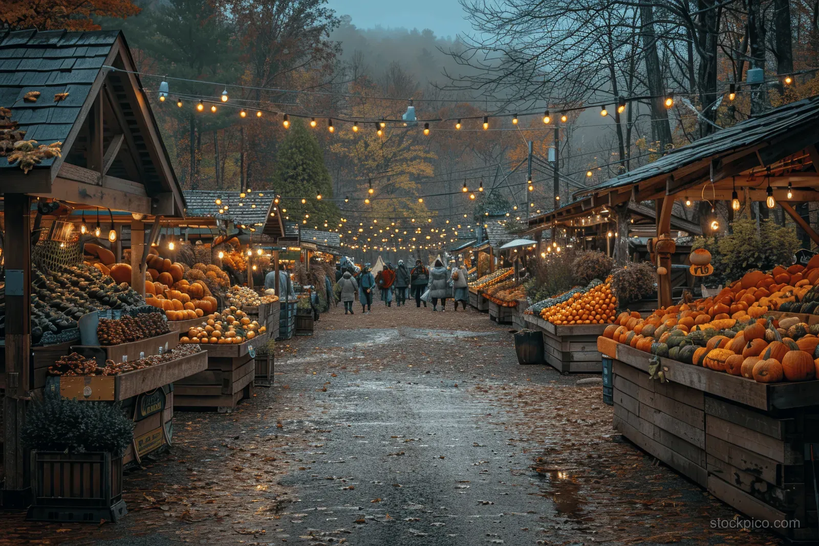 Sunset farmers market aisle with pumpkin and gourd crates on both sides and warm string lights overhead.