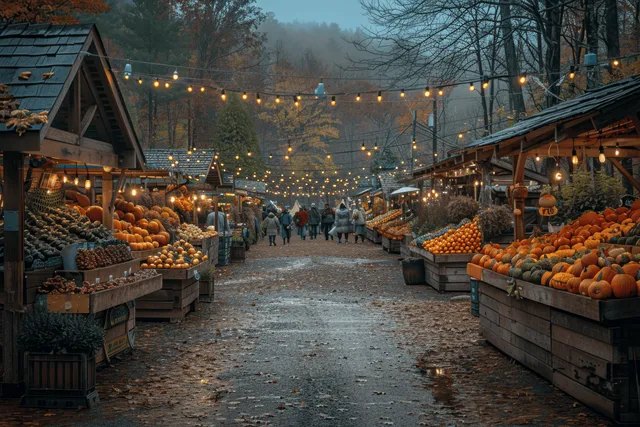 Sunset farmers market aisle with pumpkin and gourd crates on both sides and warm string lights overhead.
