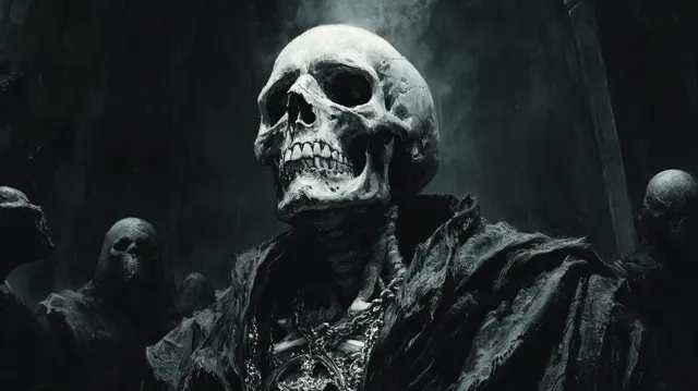 A skeletal king holds chains and a sword while zombie figures linger in a dark, foggy crypt.