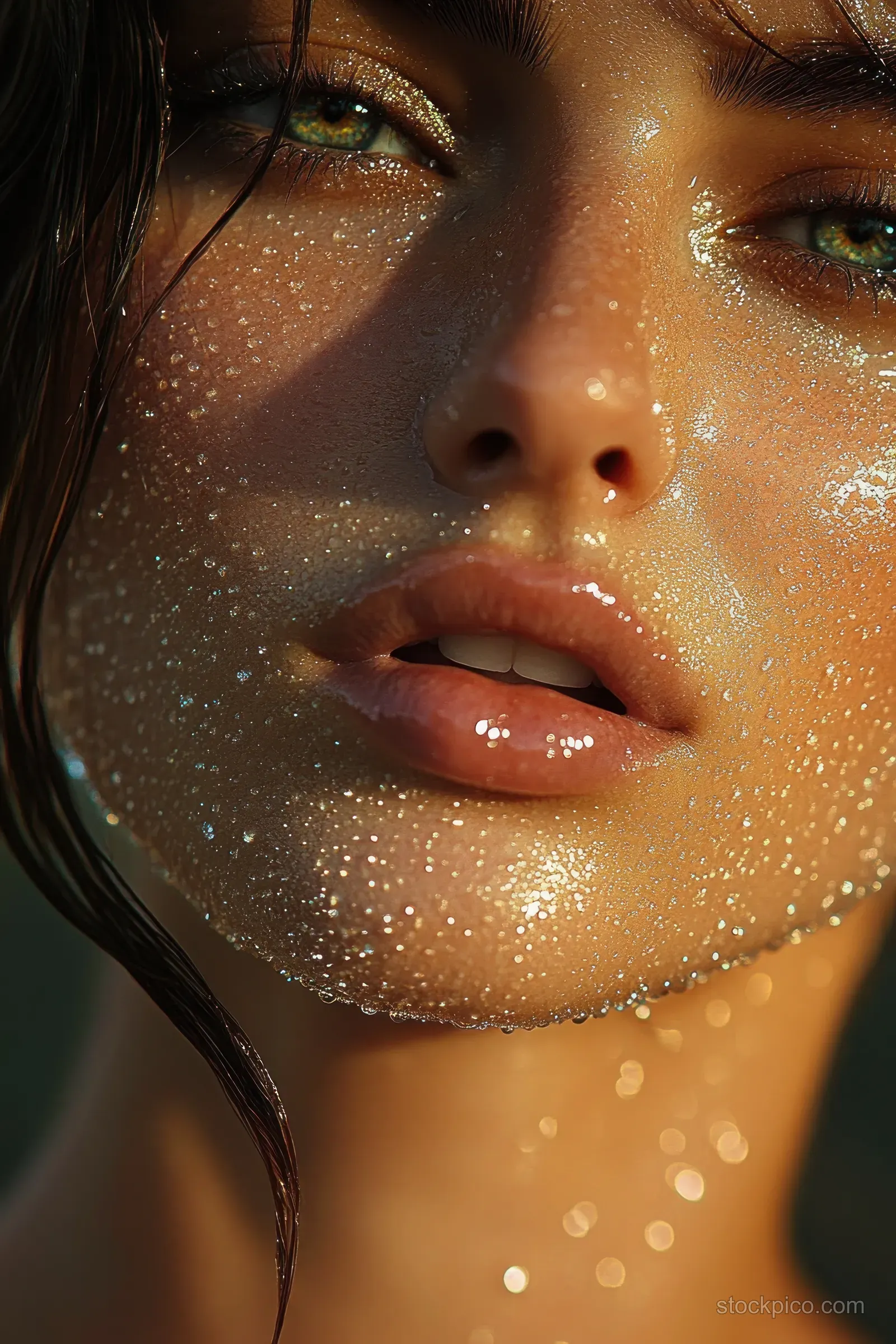 Close-up portrait of a woman with wet dewy skin, water droplets, and green eyes in warm lighting.