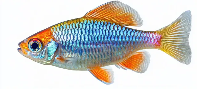 A small fish with shimmering blue scales and orange fins is shown in side view on a white background.
