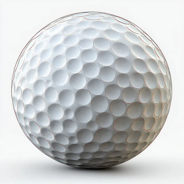 White golf ball close-up showing its dimpled surface with soft shadows on a white background.
