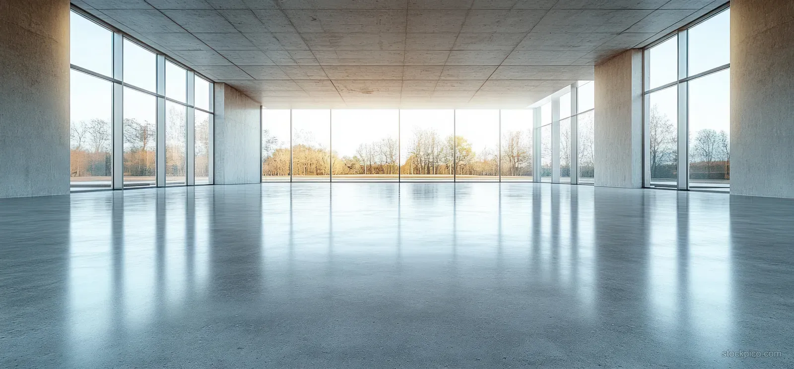 Minimalist interior corridor with tall window rows and smooth concrete flooring under bright natural light.