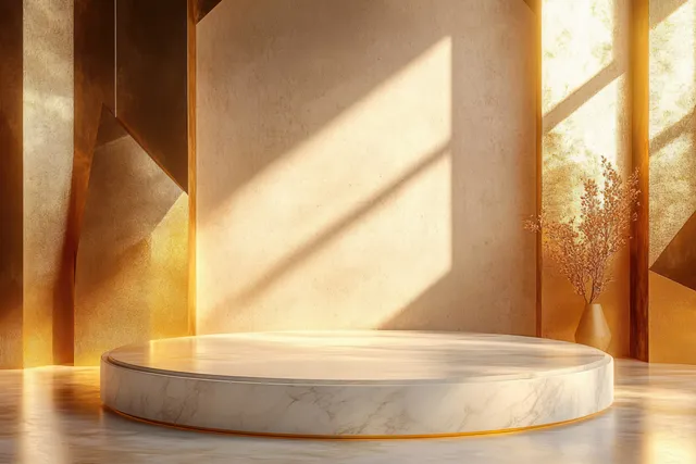 Empty circular marble podium on a golden stage under warm spotlight beams with glowing highlights.