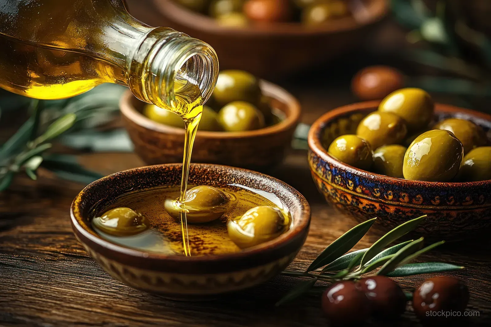 Golden olive oil pours into a rustic bowl while green olives and olive leaves sit on a wooden table.