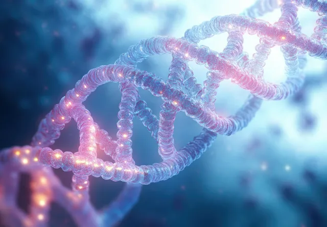 Glowing double helix DNA strand with illuminated nodes suspended in a blue bioluminescent background.