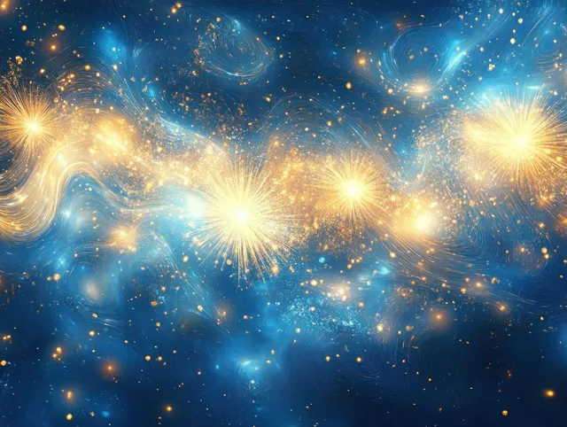 Golden fireworks burst in a swirling deep-blue cosmic scene with glowing sparkles and stardust.
