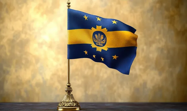 Small blue and yellow star flag with a center emblem displayed on an ornate gold stand against a textured beige background.