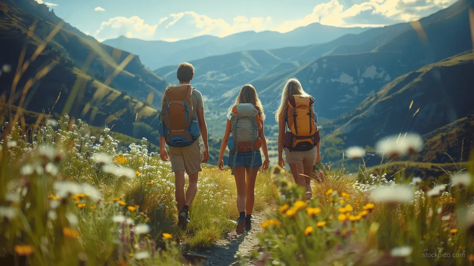 Three friends hike away on a mountain trail with backpacks beside wildflowers.