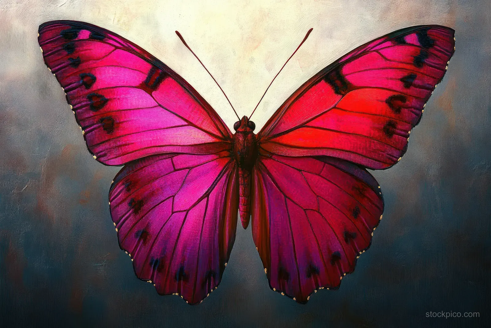 A pink and purple butterfly with wings spread wide in close-up against a textured neutral background.