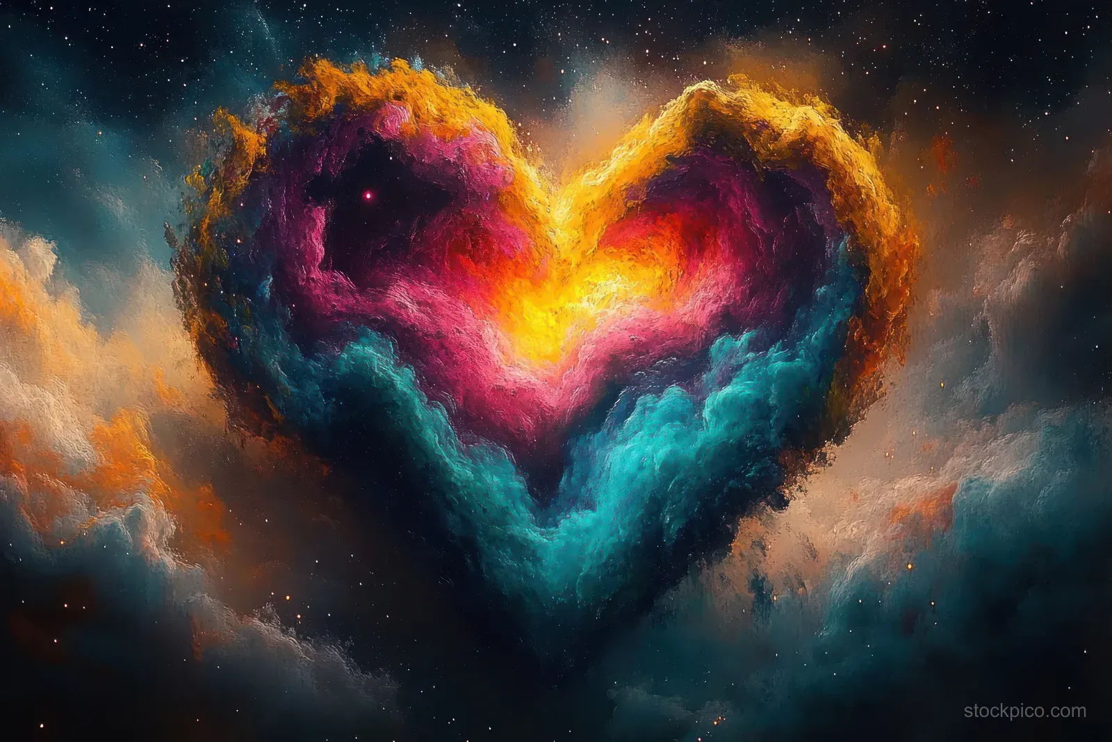 A heart-shaped cosmic nebula glows with orange, pink, purple, and blue colors amid scattered stars.