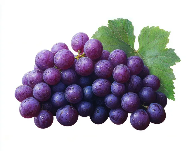 A close-up of vibrant purple grapes with water droplets and a green leaf on a clean white background.