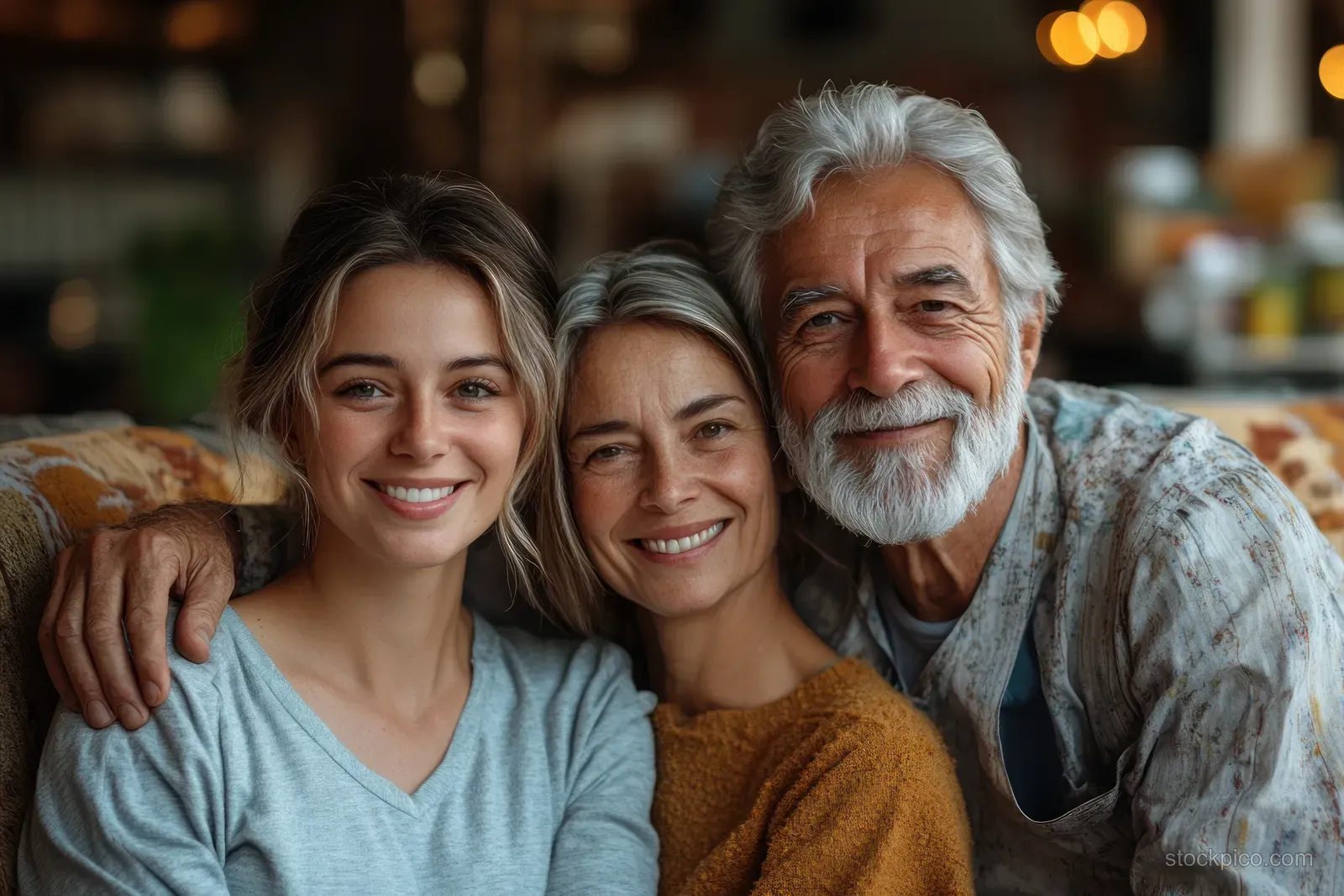 A nurse discusses a home care plan with an elderly couple seated together in a cozy living room.