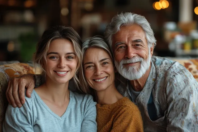 A nurse discusses a home care plan with an elderly couple seated together in a cozy living room.