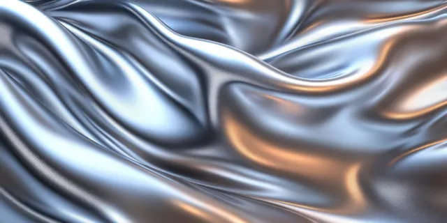 Shimmering metallic silver liquid fabric ripples across a reflective abstract background