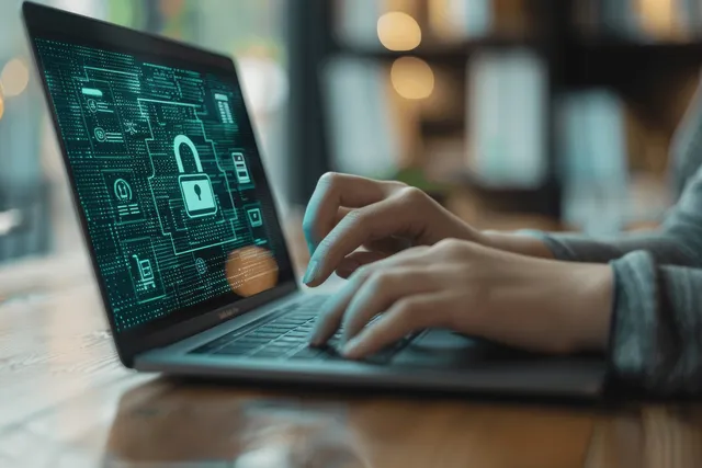 Woman typing password on laptop screen showing encrypted lock security interface