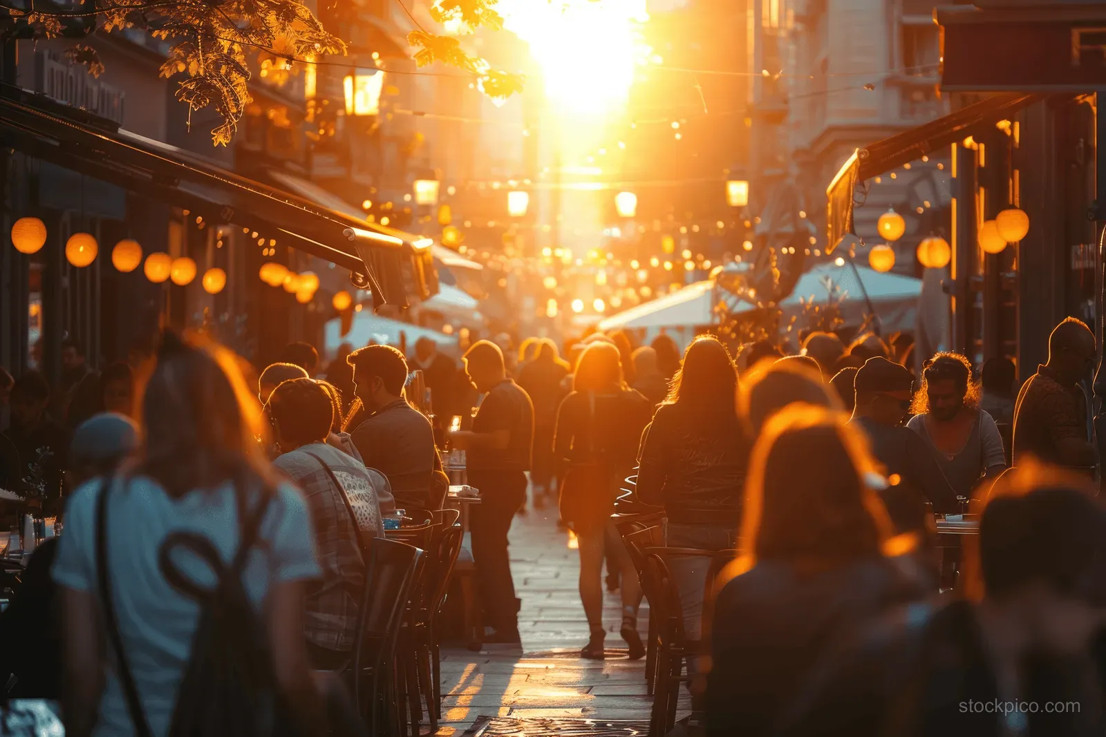 People gather on a city sidewalk for outdoor dining during sunset with warm lantern light.