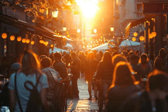 People gather on a city sidewalk for outdoor dining during sunset with warm lantern light.