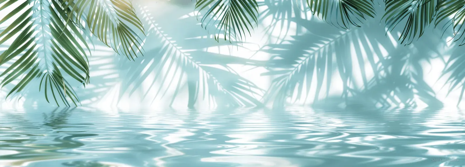 Abstract shadows of tropical palm leaves on a light blue water surface create a serene summer atmosphere.