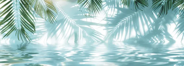 Abstract shadows of tropical palm leaves on a light blue water surface create a serene summer atmosphere.