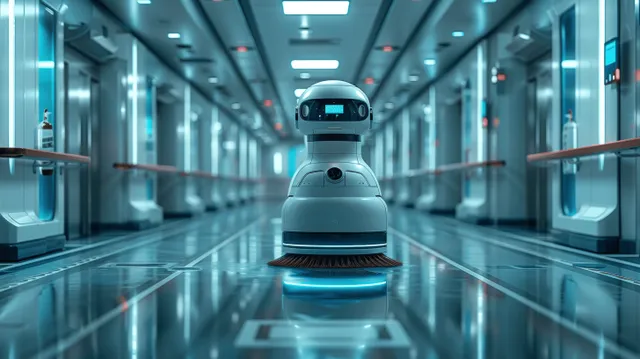 A futuristic cleaning robot brushes and mops the hospital hallway floor under bright blue corridor lighting.