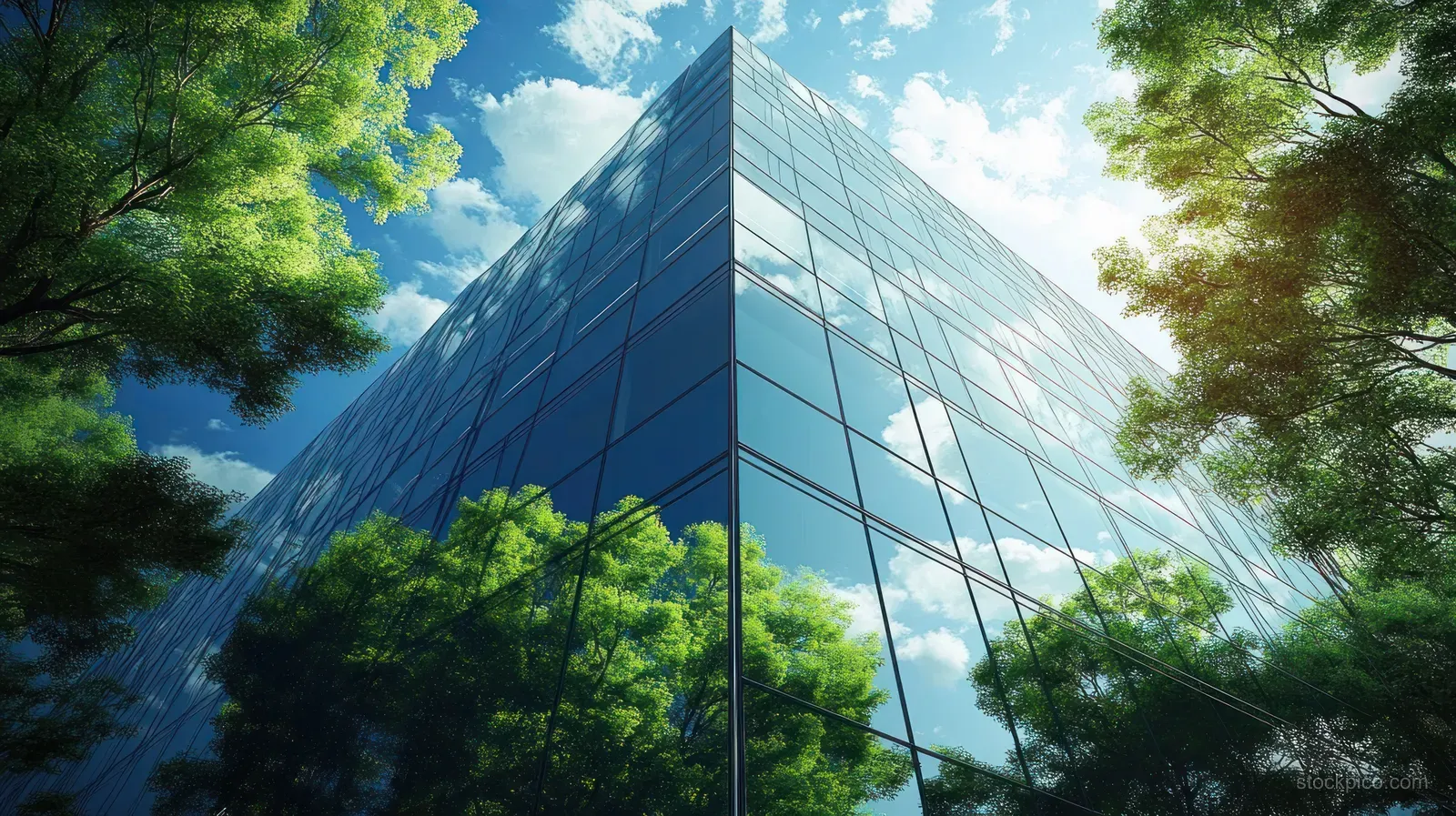 A glass office building reflects green trees and blue sky in bright daylight.