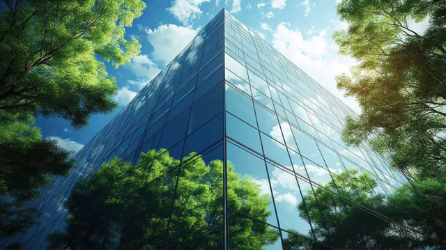 Glass Corporate Building Reflecting Trees in Bright Daylight