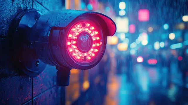 A cyberpunk security camera dome with a glowing red lens near blurred neon city lights.