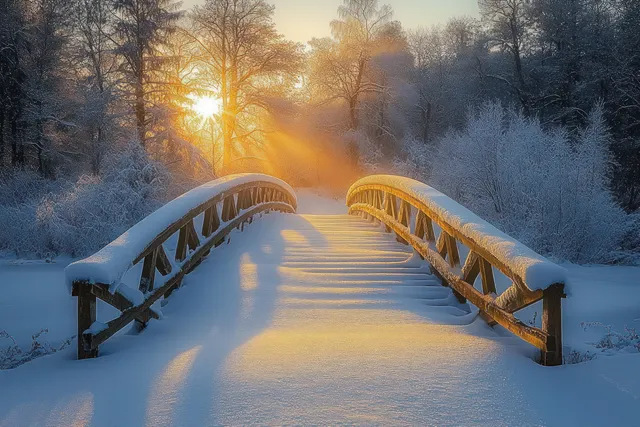 A snowy wooden bridge leads along a track through frosted forest trees under warm sunrise light.