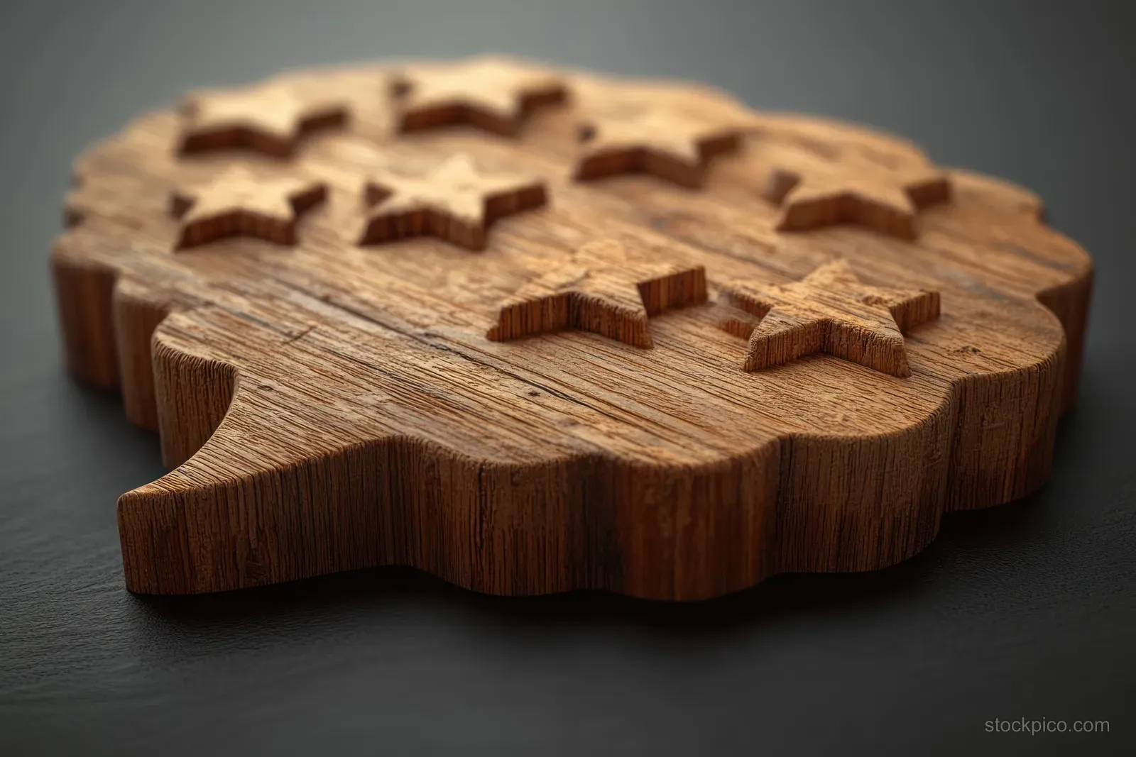 A carved five-star speech-bubble rating rests on a dark tabletop with visible organic wood grain.