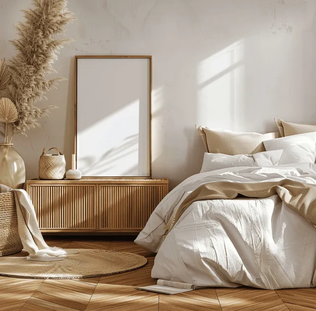 Blank framed poster stands on a wooden cabinet beside a bed with beige and white linens in a bright boho coastal room.