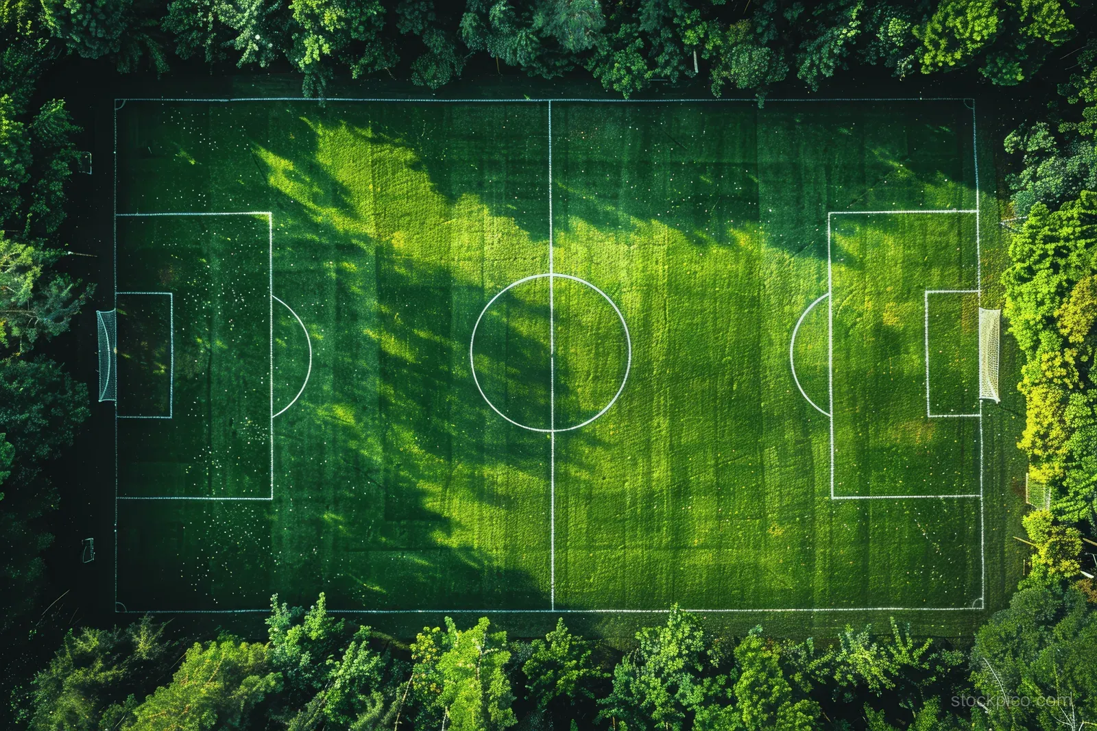Aerial view of a green soccer field with white goal boxes and midfield lines surrounding empty copy space.