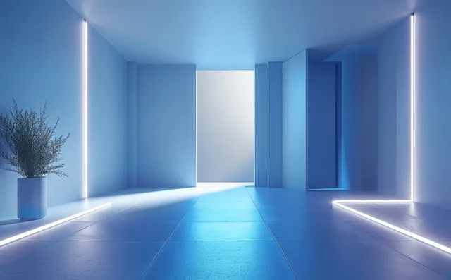 Minimal blue interior studio space with glowing light lines and an empty presentation floor and wall.