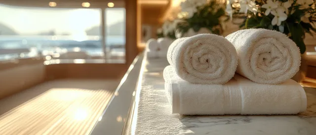 Rolled white towels stacked on a yacht deck in warm sunlight with softly blurred background.