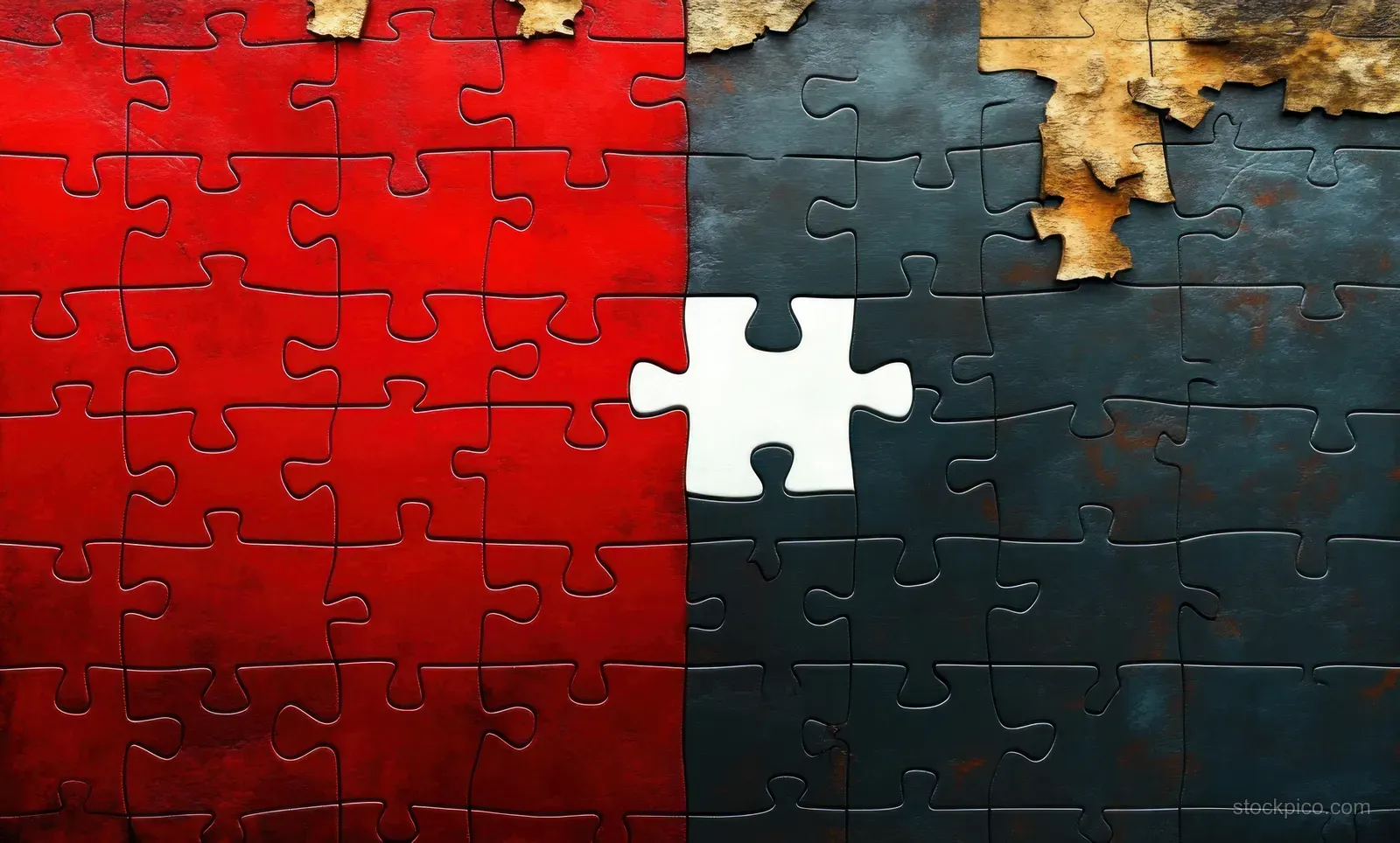 Unfinished jigsaw puzzle close-up with a missing central piece on contrasting red and dark gray painted wooden tiles.