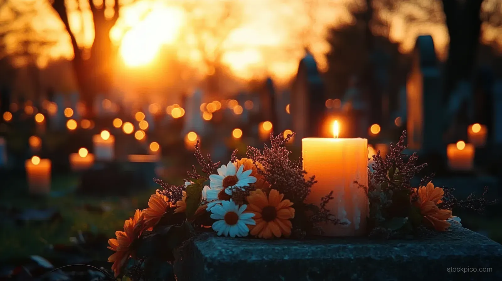 A candle glows on a gravestone surrounded by flowers while other memorial candles blur in the background at sunset.