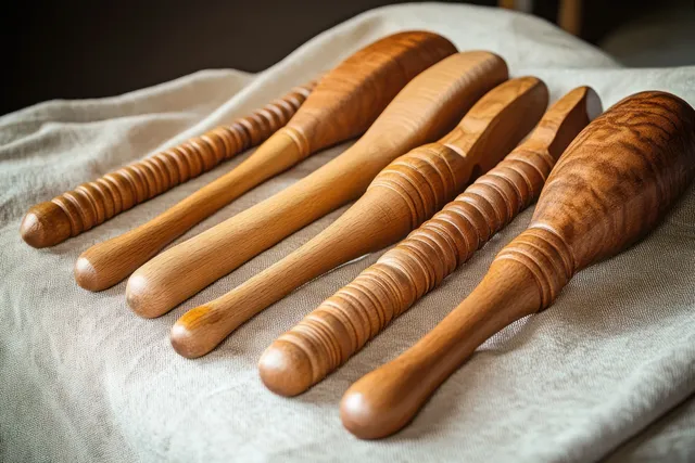 Six carved wooden massage rollers лежащие on beige fabric.