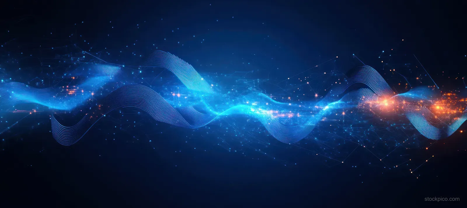 Glowing circuit-like wave pattern of connected data lines stretches across a deep blue abstract background.
