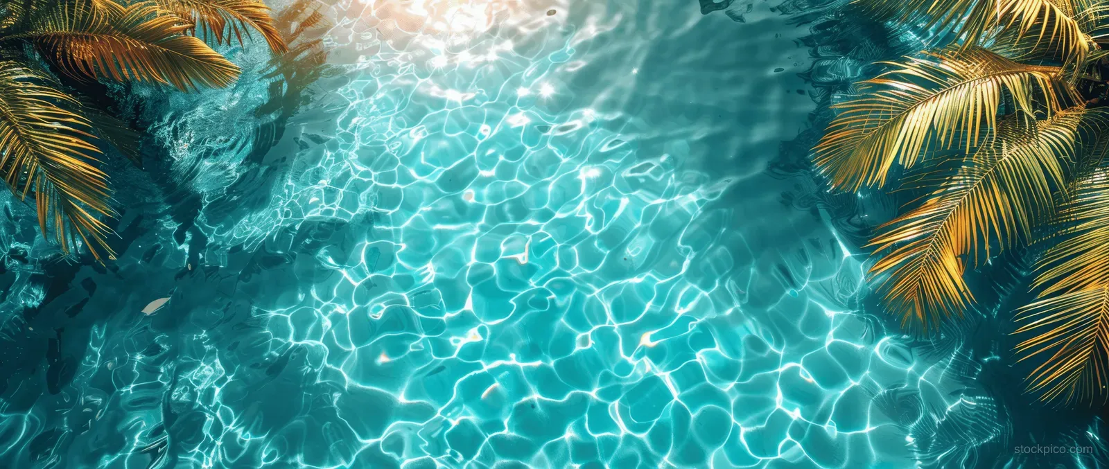 Palm leaves cast shadows on sunlit rippling turquoise water with sparkling light reflections.