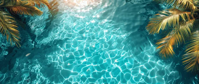 Palm leaves cast shadows on sunlit rippling turquoise water with sparkling light reflections.