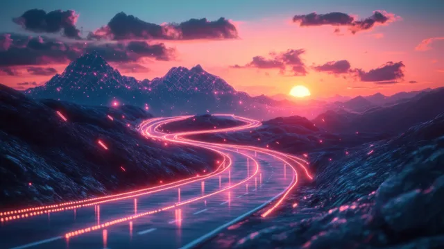 A glowing neon highway curves through rocky mountains with digital grid peaks under a pink-orange sunset.