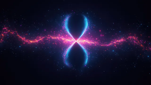 Blue and pink particle infinity symbol glows in the center of a dark starry cosmic background.