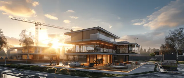 Scandinavian construction site with concrete and steel building, sunset light over urban road