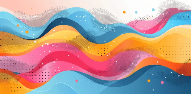 Abstract pastel wave background with colorful dots and flowing ribbon-like curves