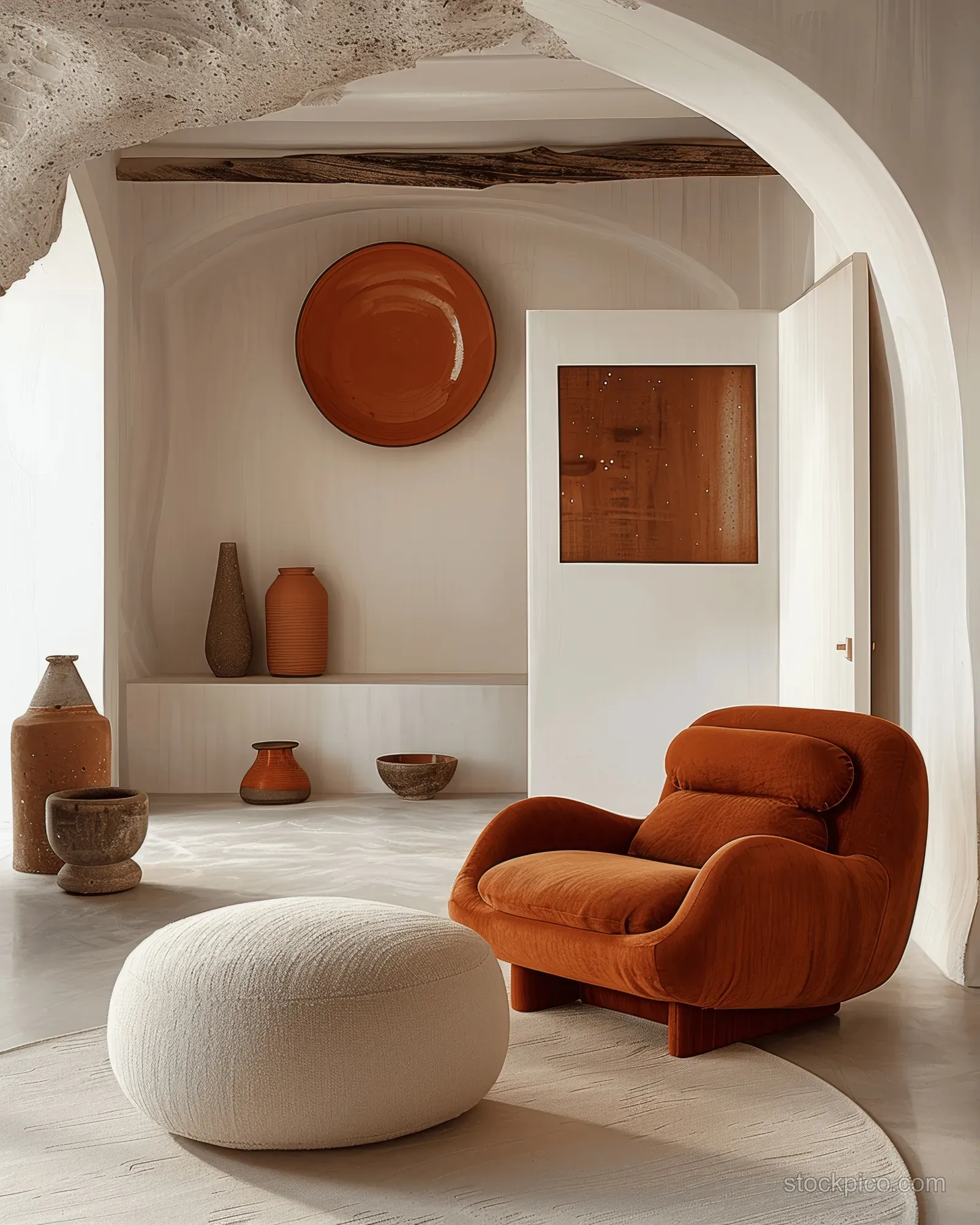 Orange armchair and round ottoman in a minimalist living room under a white stucco arch with terracotta vases.