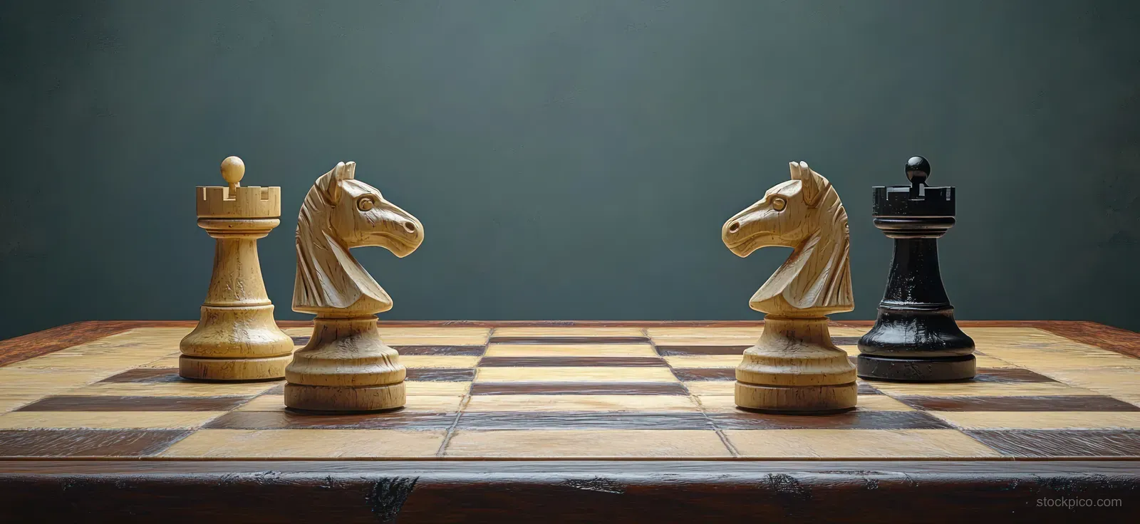 A pair of chess knights stands on a wooden board under soft lighting with other pieces in view.