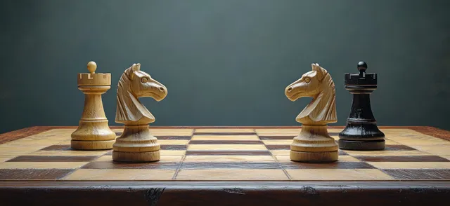Chess knights battle on a wooden board, spotlighted moves and poised tension