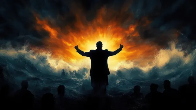 A silhouetted person raises both arms against a glowing horizon over stormy waves with darker figures around.