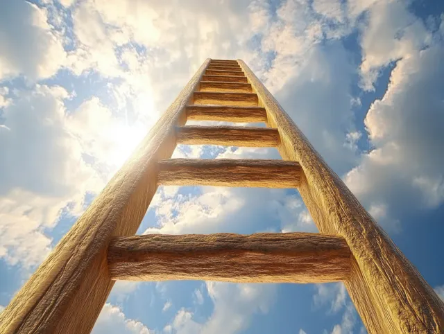 Wooden ladder reaching into bright partly cloudy sky with sun rays and upward perspective